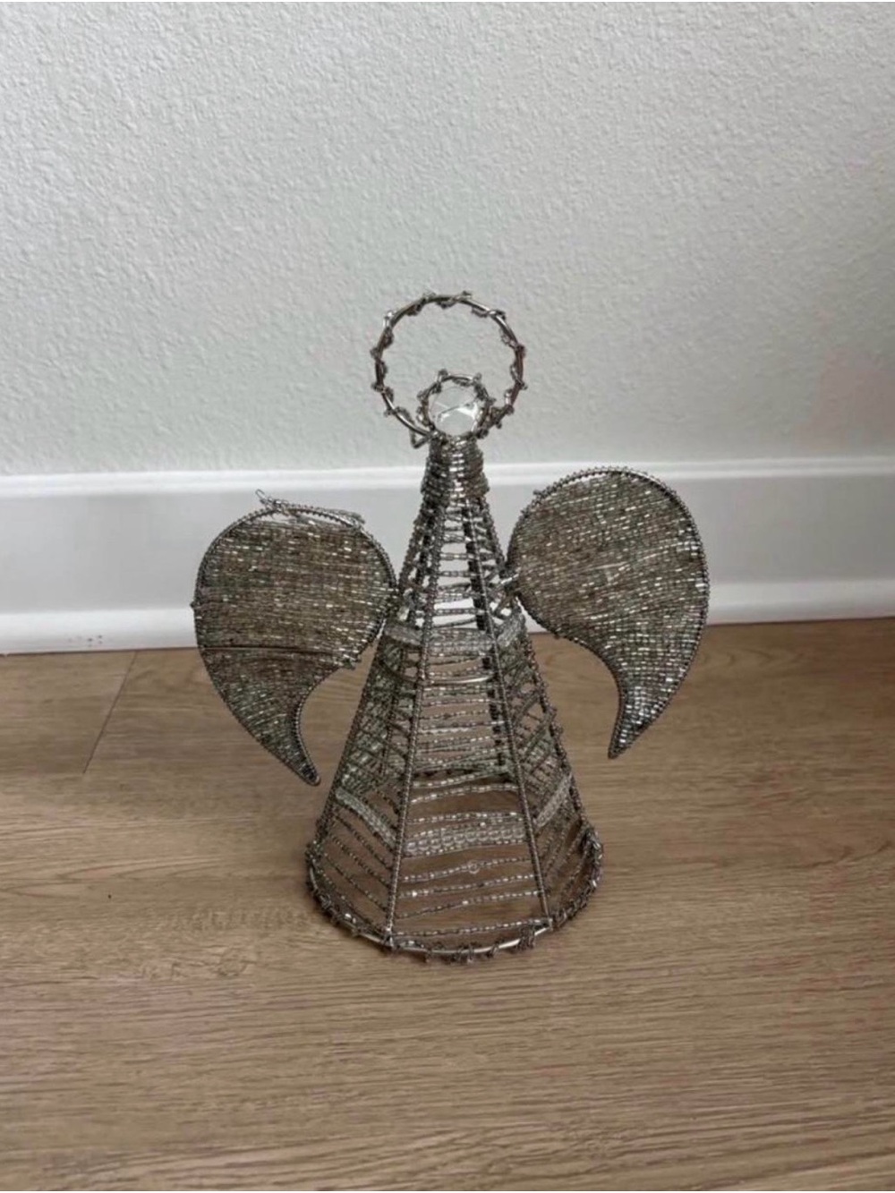 Silver Beaded Angel Sculpture Decorative Accent Christmas Tree Topper